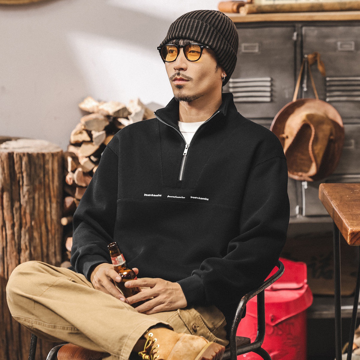 美式復古半拉鍊黑色衛衣男春秋寬鬆新款400g重磅潮牌男士秋季外套