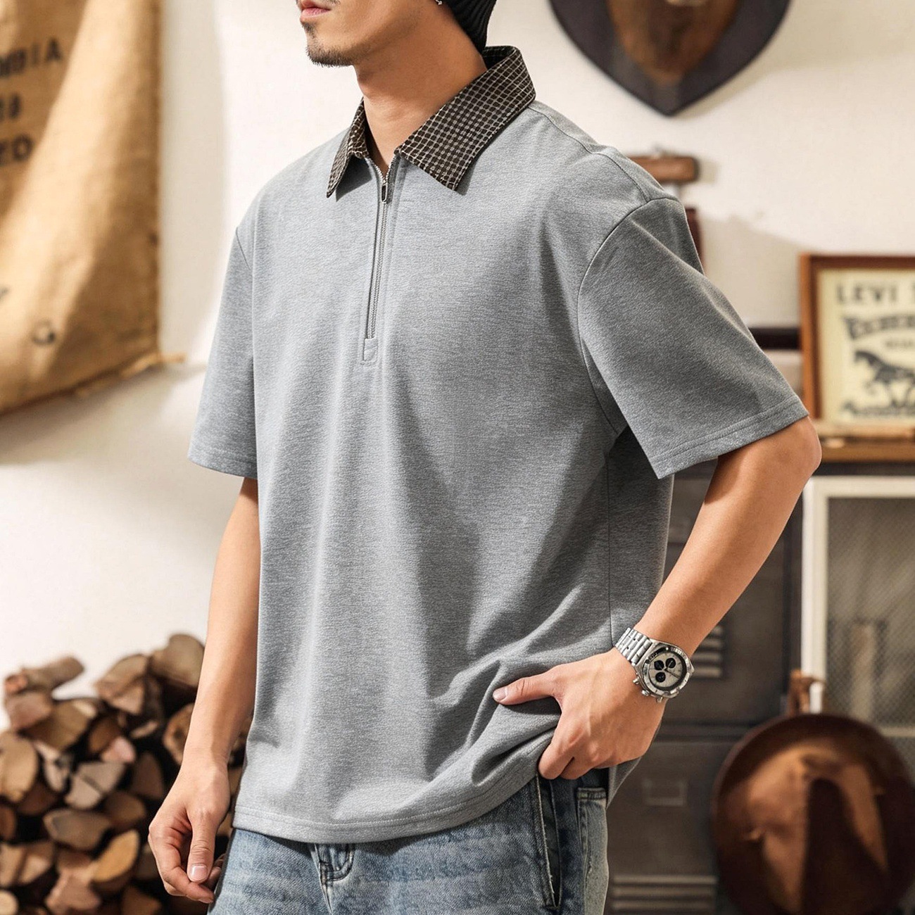 美式復古半拉鍊短袖POLO衫男夏季潮流拼接格紋T恤寬鬆休閒上衣男T