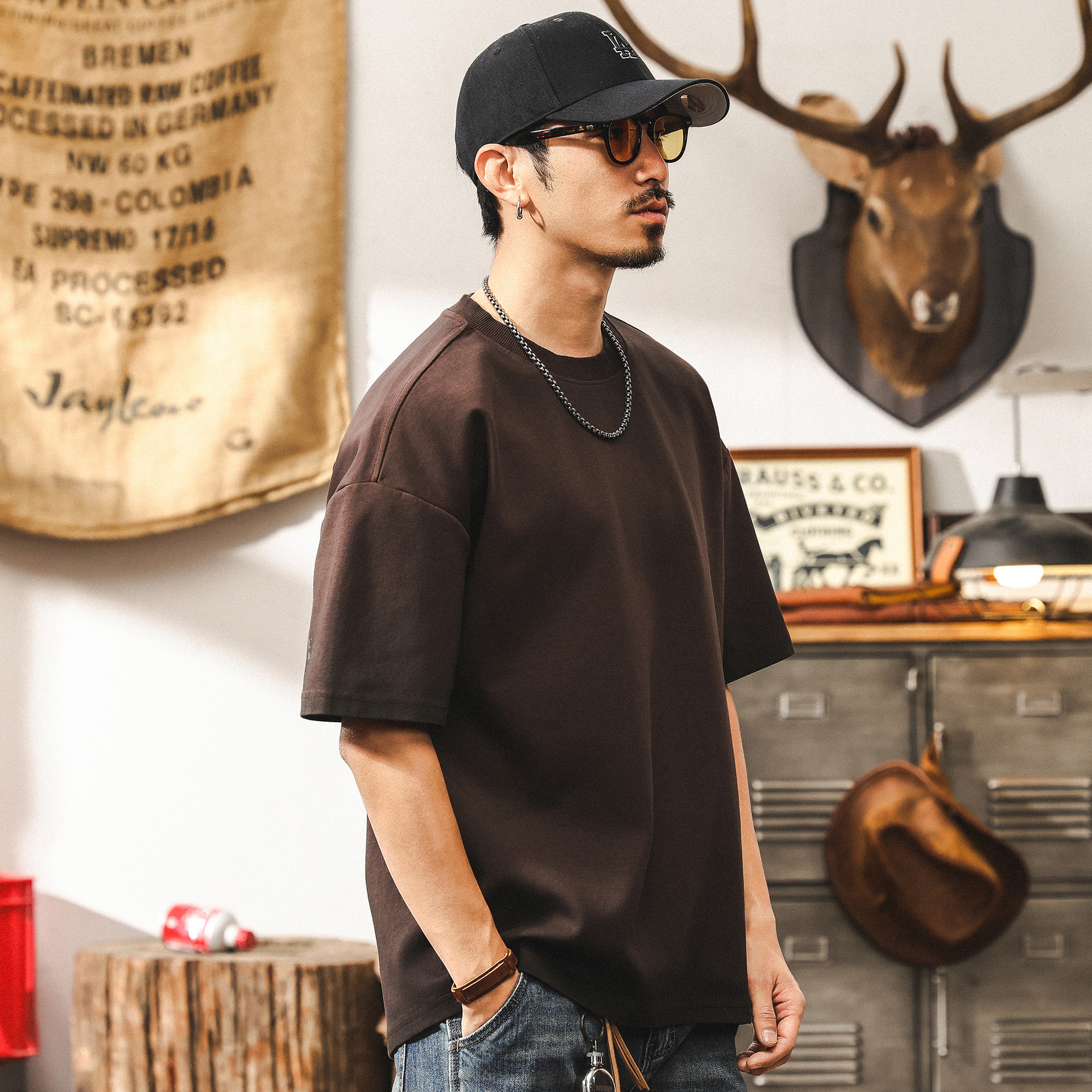 美拉德復古髒染水洗美式短袖男款夏季300g重磅T恤男寬鬆男士上衣T