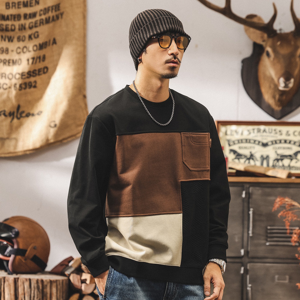 美式復古撞色拼接衛衣男春秋2025新款重磅圓領寬鬆休閒上衣男秋冬