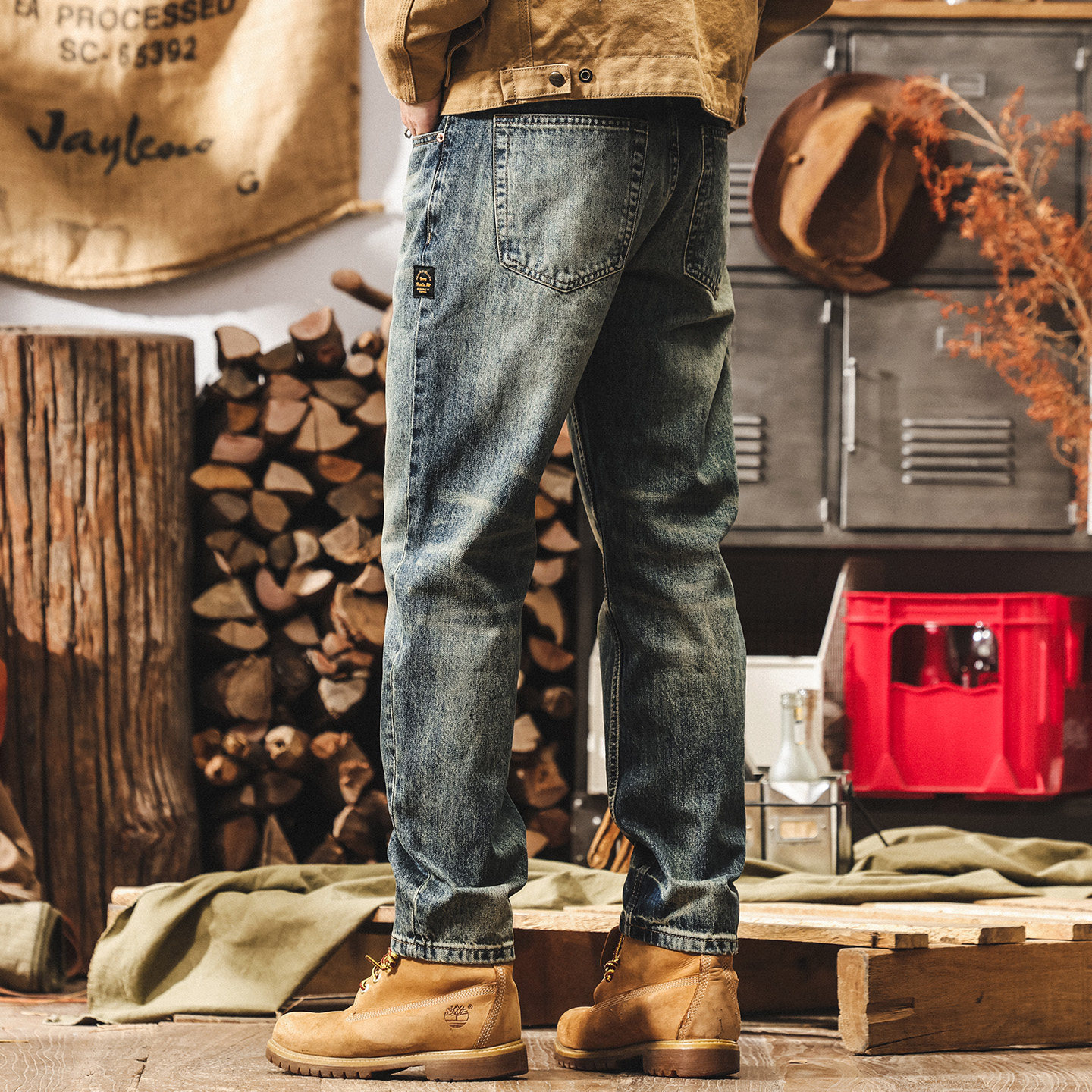 美式12.5盎司重磅牛仔褲男寬鬆直筒復古黃泥染水洗秋冬休閒長褲子