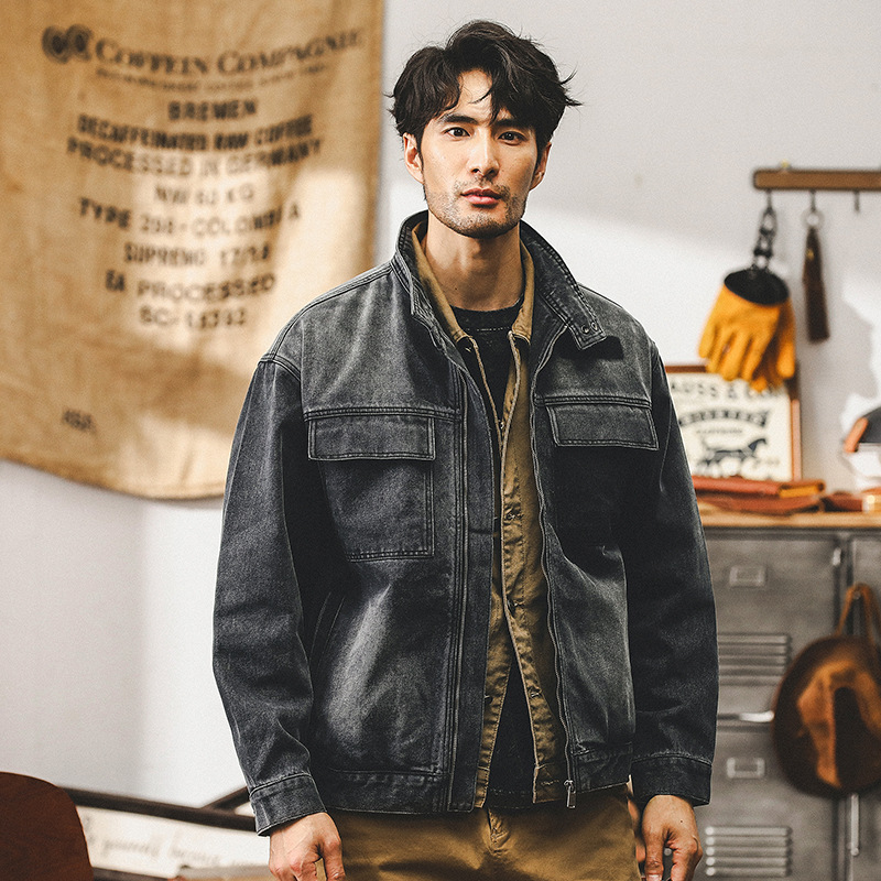 美式重磅複古牛仔外套男秋季2024新款潮牌水洗帥氣機車工裝夾克男