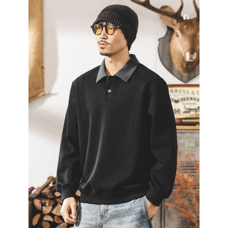 美式復古男士衛衣春秋2025新款潮牌寬鬆潮流320g重磅長袖Polo衫男