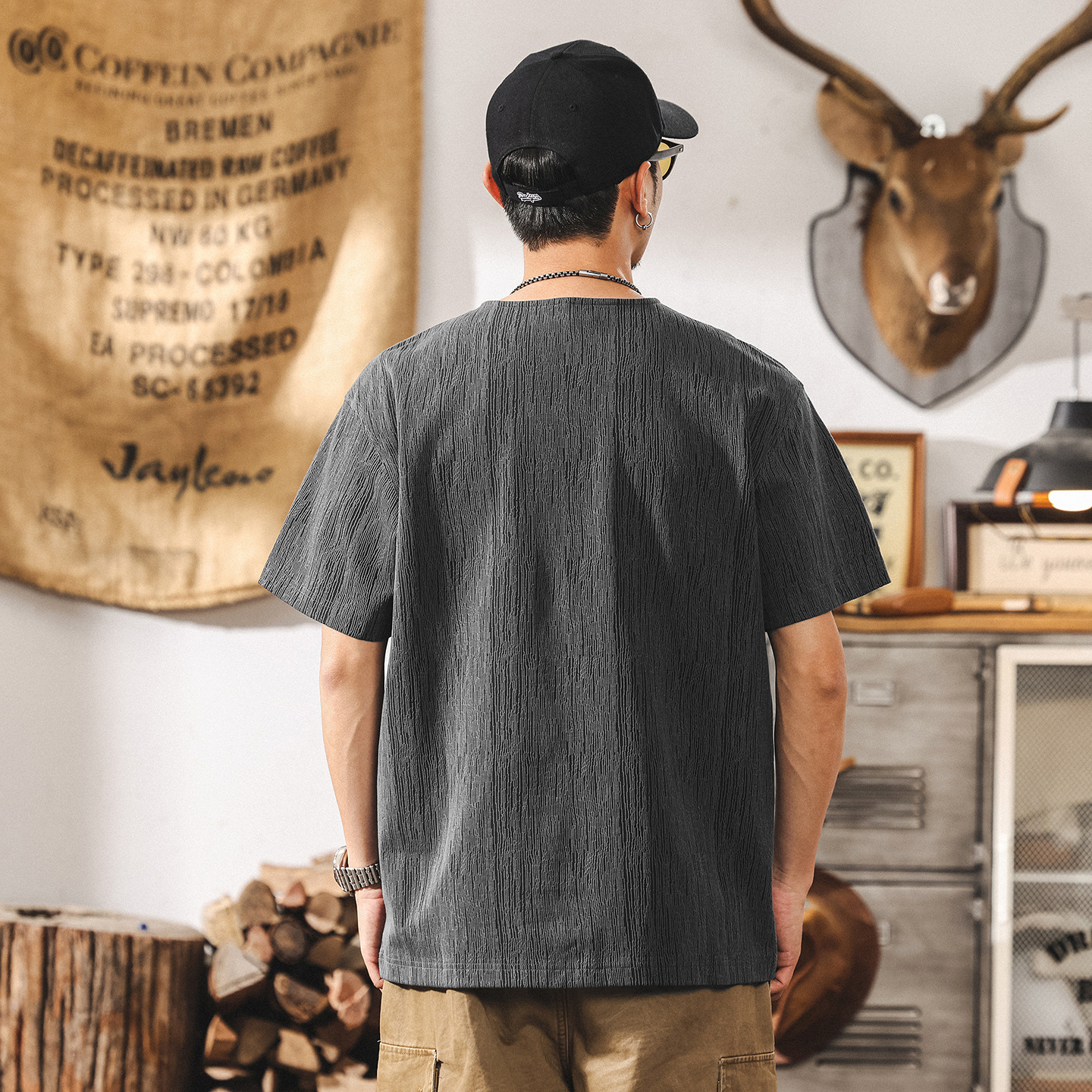 中式復古樹紋肌理感亨利領短袖T恤男夏季新款美式寬鬆重磅Polo衫