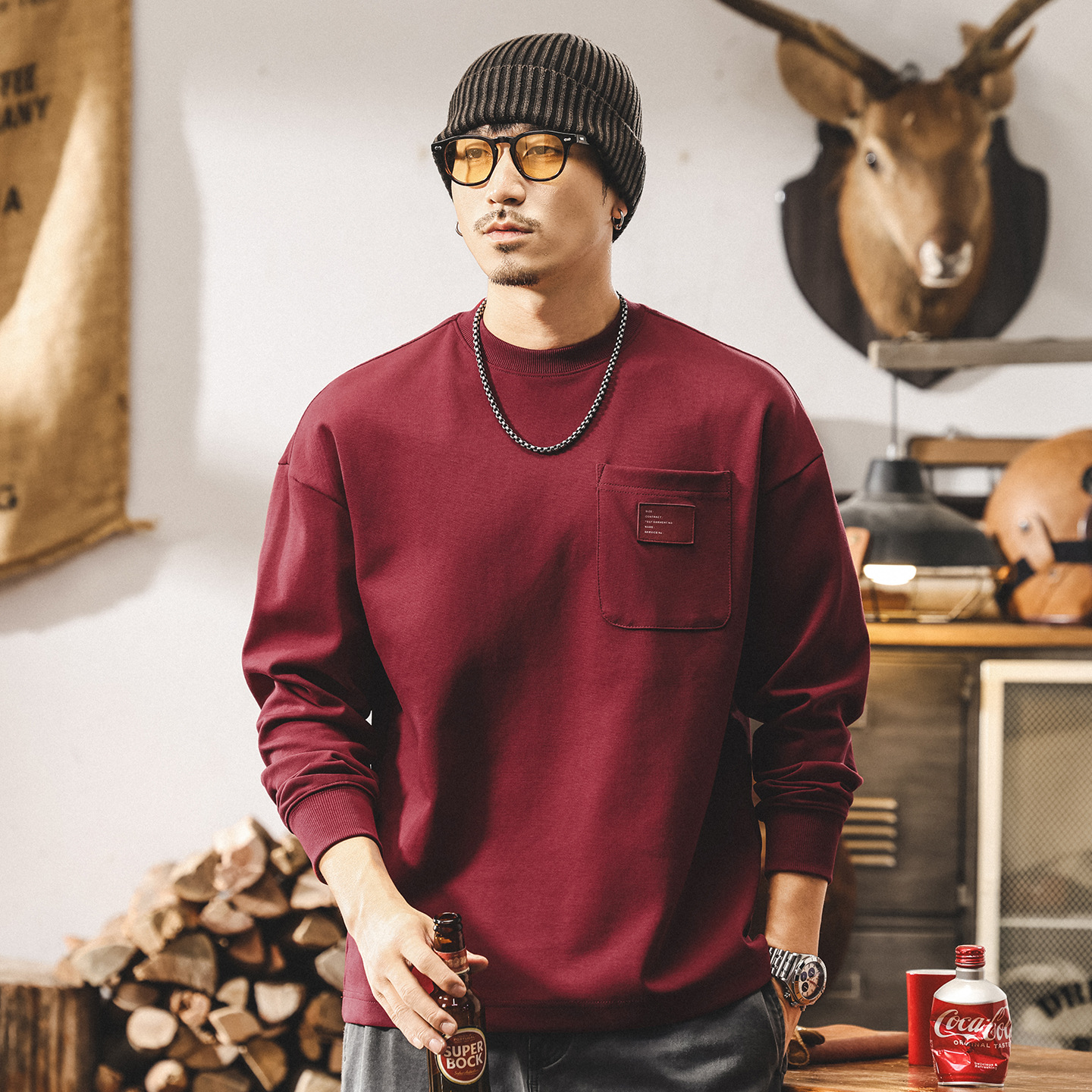 美式復古重磅衛衣男春秋2025新款長袖t恤男秋季寬鬆大碼潮流上衣T