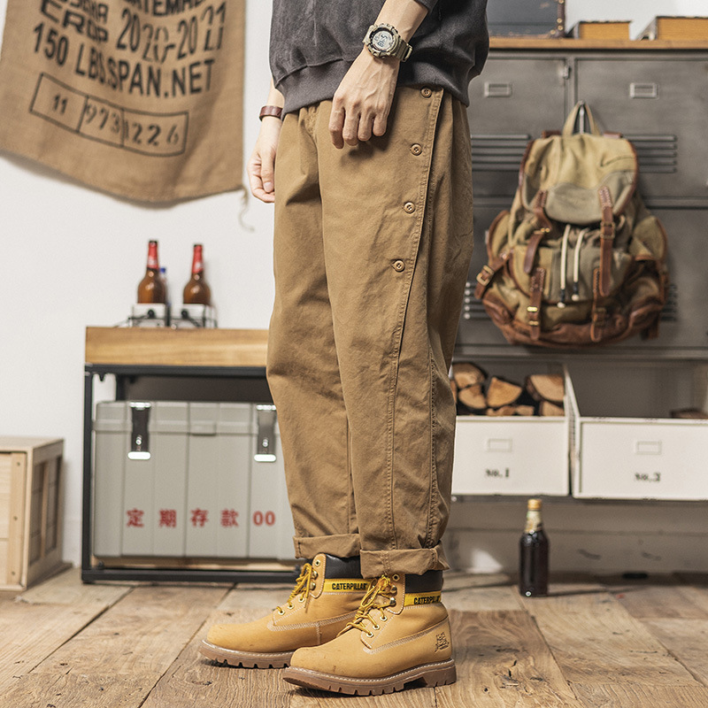 2024重磅排扣褲子設計款休閒褲春季男士寬鬆直筒潮流經典工裝長褲