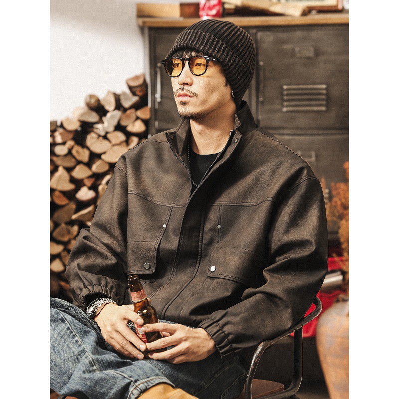 美式復古啞光做舊PU皮衣外套男春秋新款潮流痞帥機車立領工裝夾克