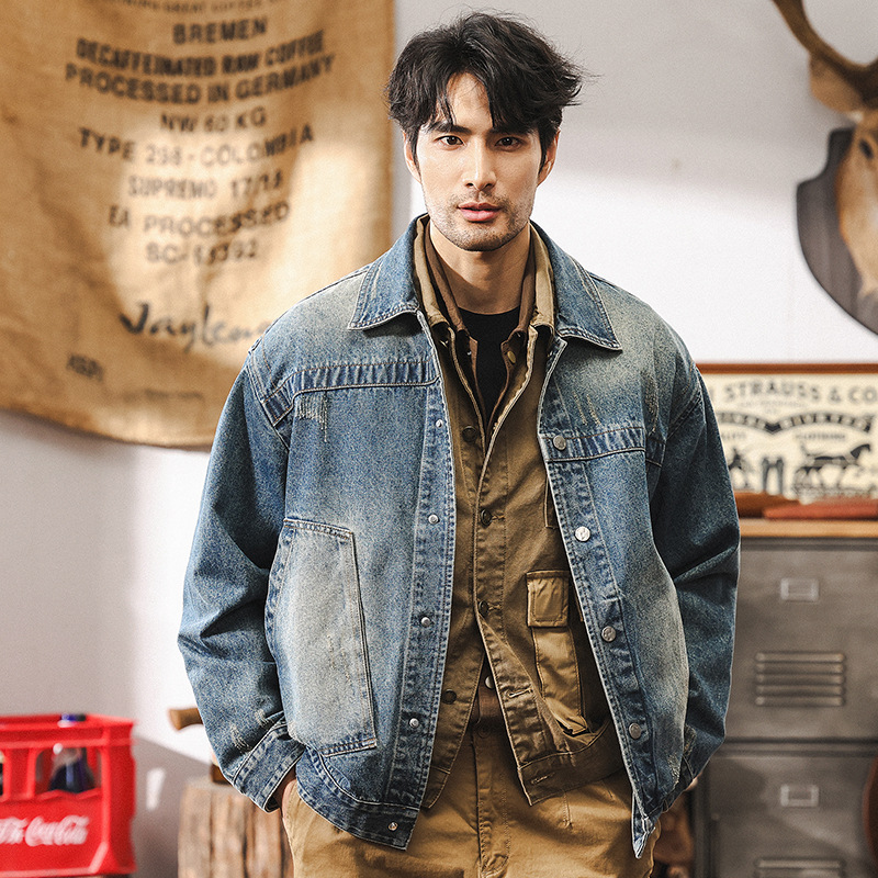美式經典復古重磅牛仔外套男秋冬款潮牌硬漢痞帥做舊水洗休閒夾克