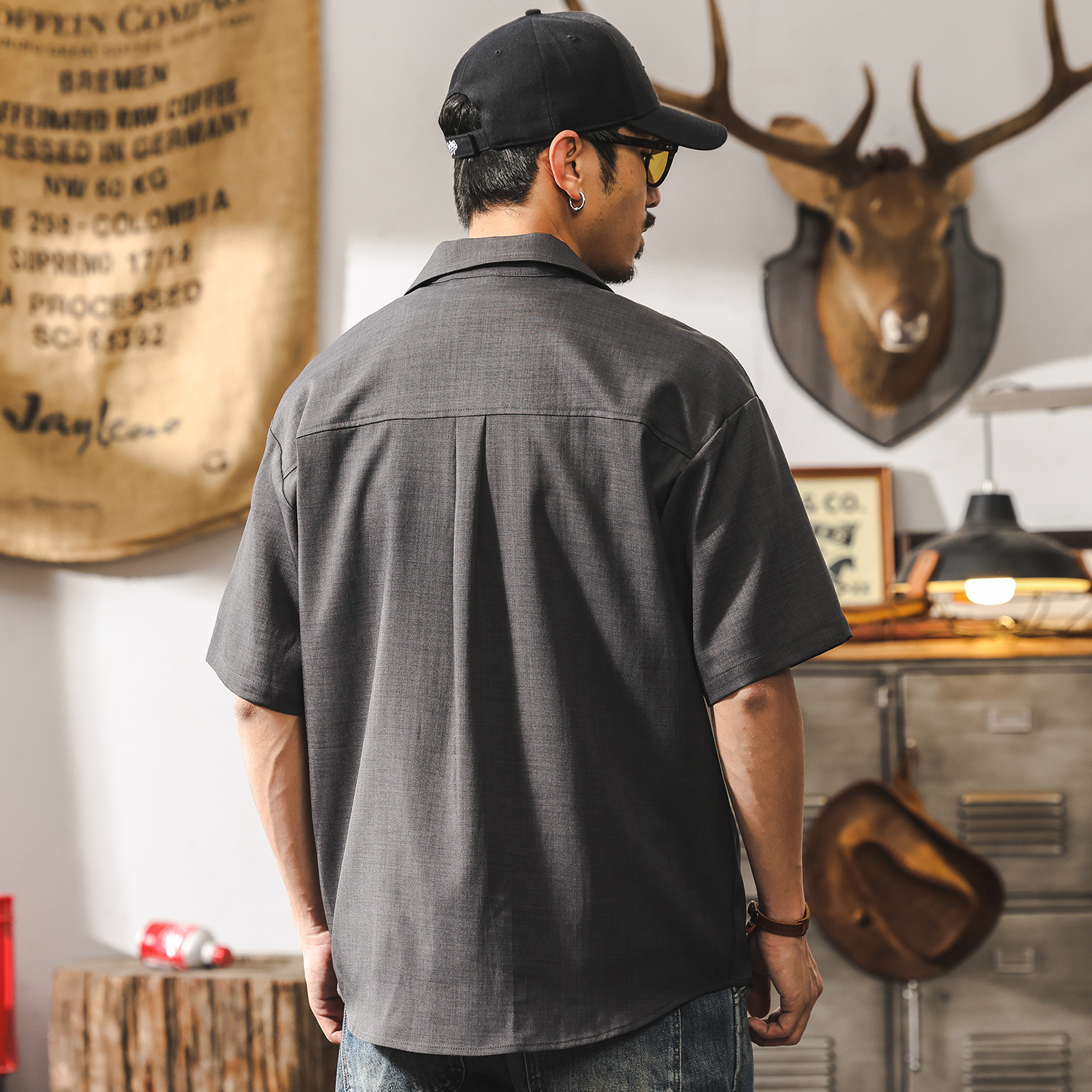 美式復古竹節紋古巴領襯衫短袖男款夏季潮牌寬鬆輕熟高級感襯衣男