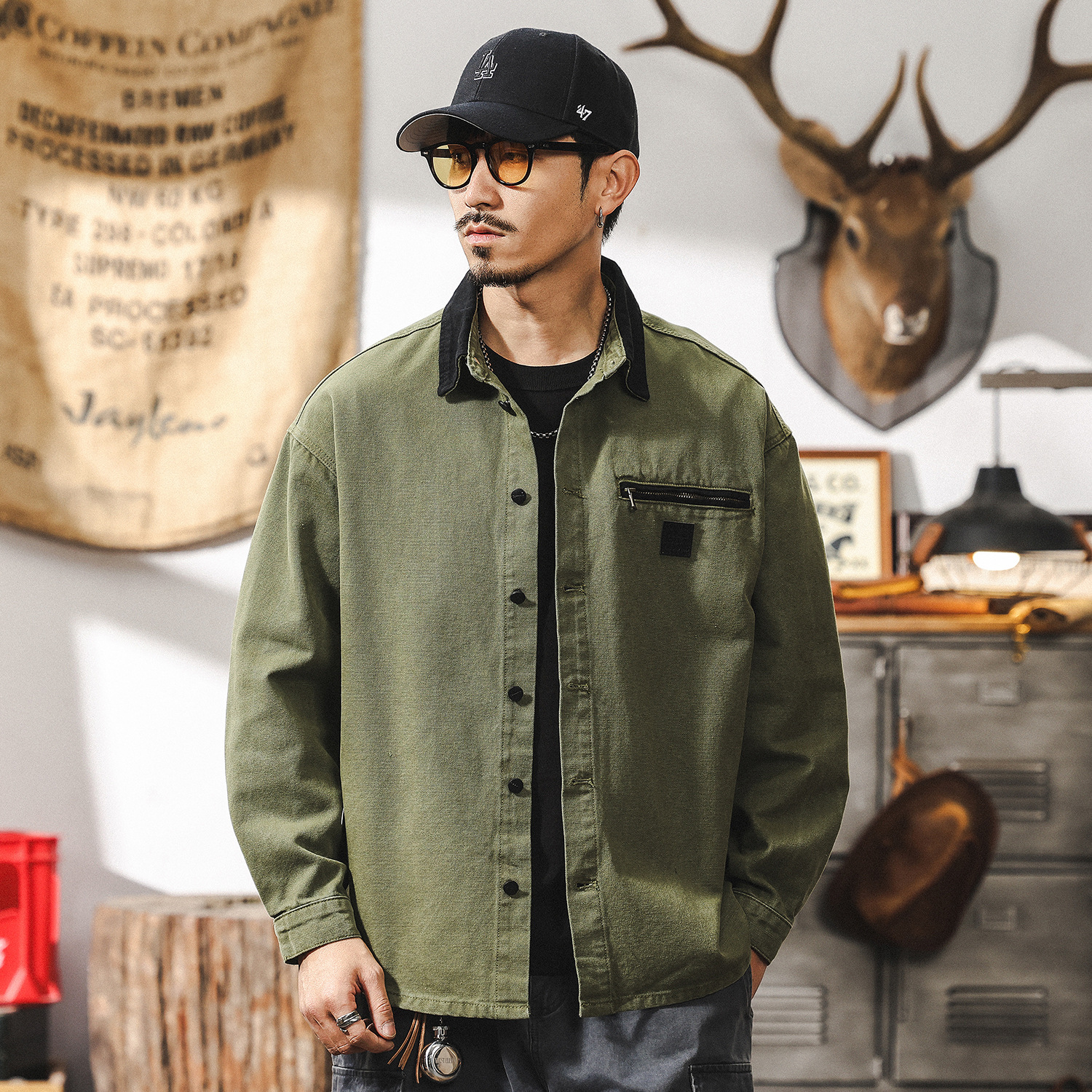 美式復古工裝襯衫男長袖秋季新款戶外獵裝潮牌寬鬆襯衣外套男春秋