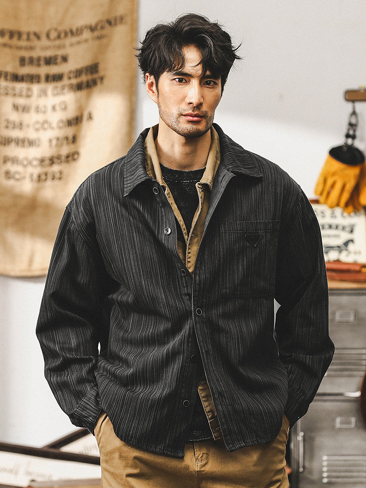 美式複古竹節紋襯衫男長袖高級感潮牌寬松休閑襯衣外套男款春秋季