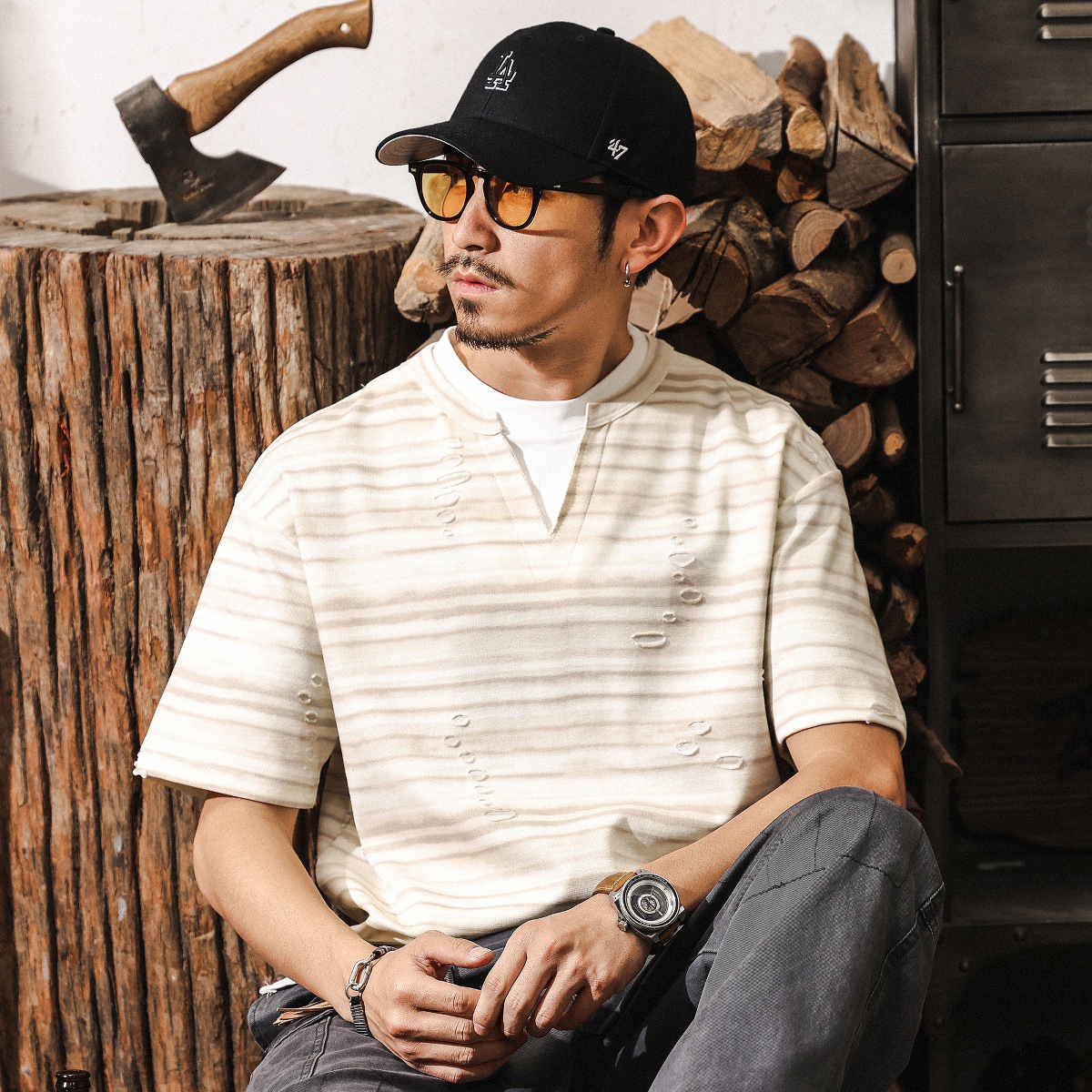 假兩件漸變黑色條紋T恤男短袖夏季2025新款美式復古寬鬆男士上衣