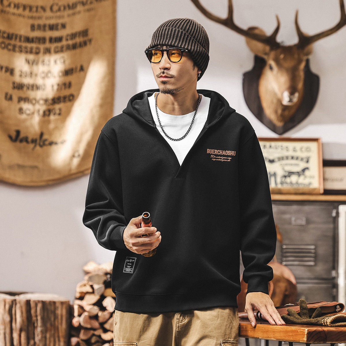 美式復古重磅假兩件V領連帽衛衣男春秋新款紫色潮流寬鬆休閒上衣