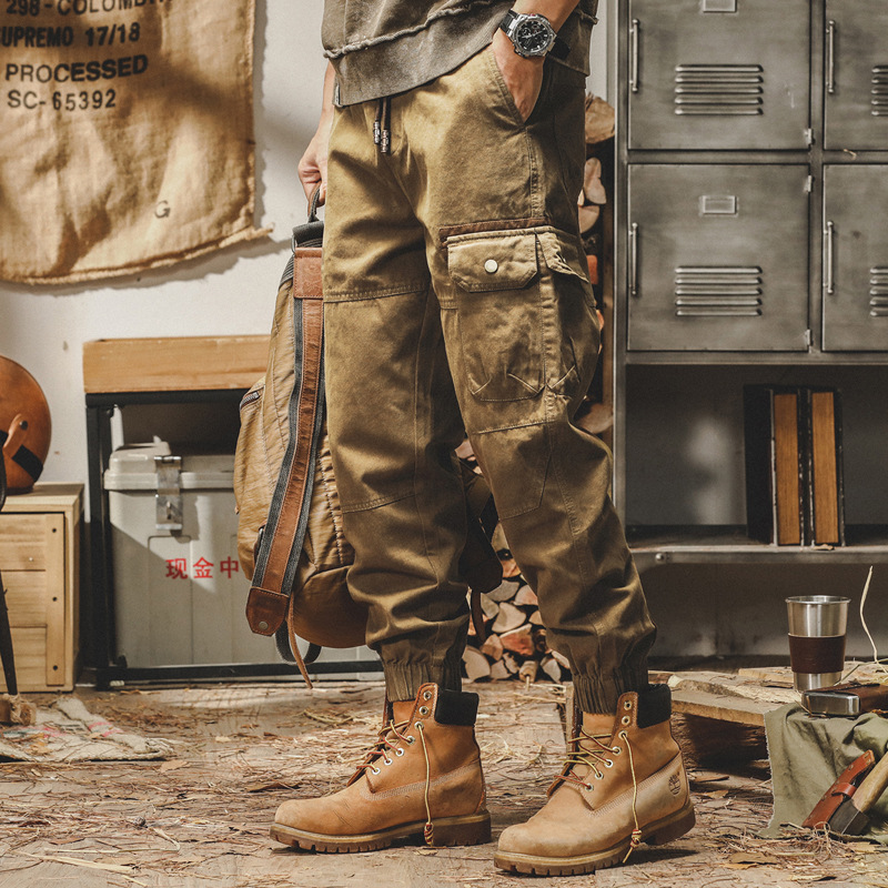美式重磅復古工裝褲子男寬鬆直筒束腳褲2023年秋冬款潮流休閒長褲