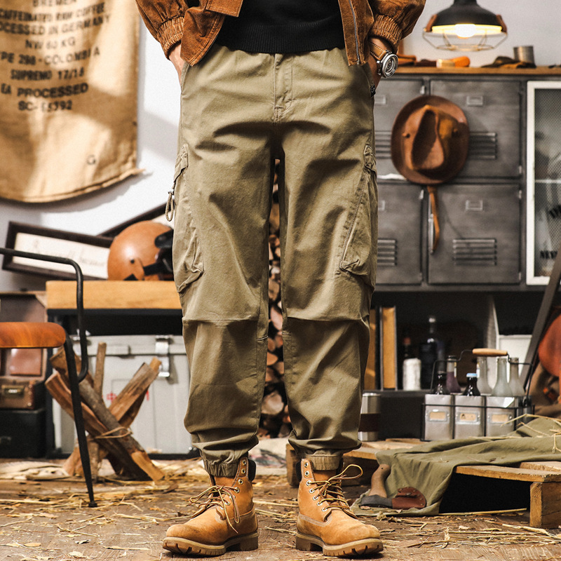 美式潮牌卡其色工裝褲子男秋季多口袋機能束腳褲戶外通勤休閒男褲