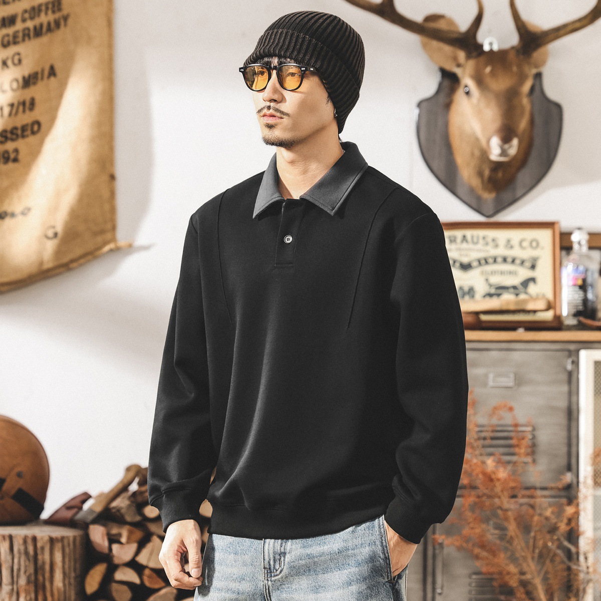 美式復古男士衛衣春秋2025新款潮牌寬鬆潮流320g重磅長袖Polo衫男