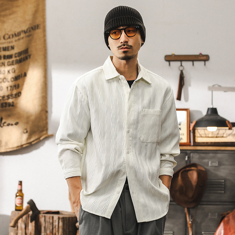 美式高級感休閒襯衫男士長袖秋季2024新款寬鬆潮流白色襯衣外套男