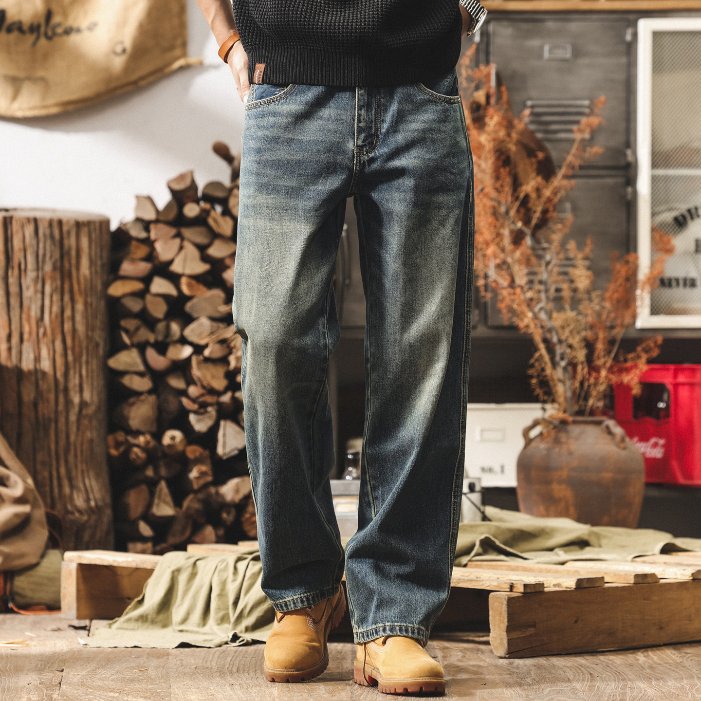 美式復古水洗直筒牛仔褲男士2026春季潮牌高街闊腿褲寬鬆休閒褲子