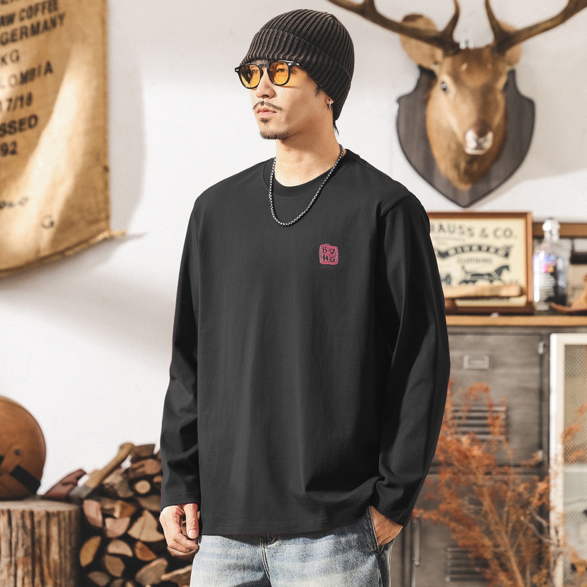 美式復古酒紅色男士t恤長袖春秋新款寬鬆簡約260g重磅打底衫男潮T