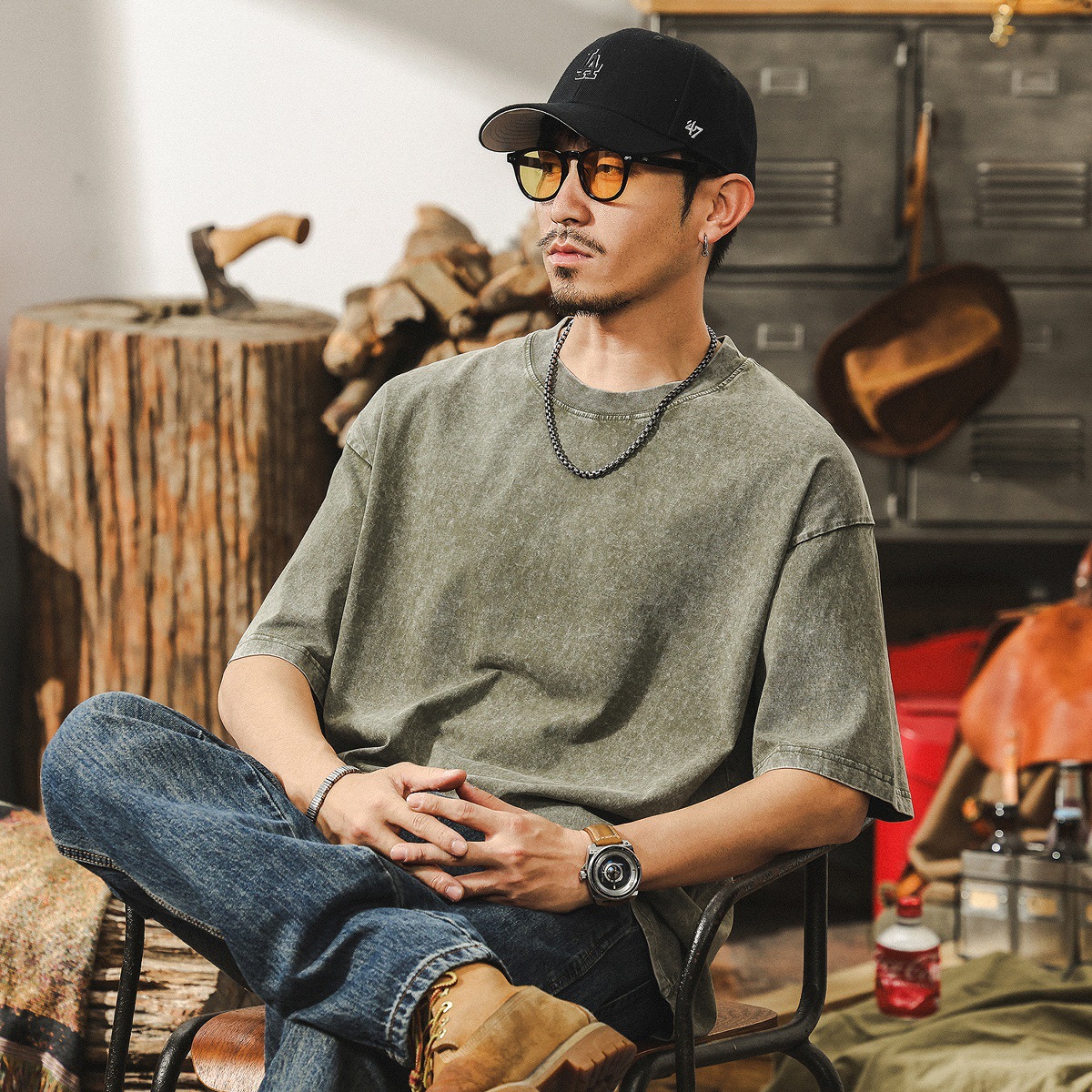 美式復古做舊炒雪花水洗短袖T恤男夏季潮牌日系寬鬆休閒上衣