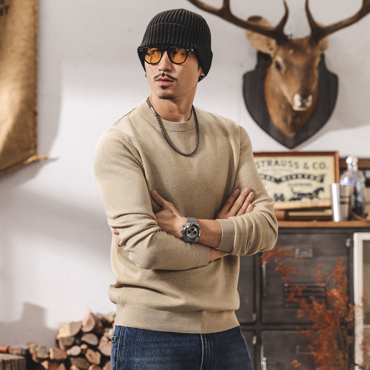 美式復古毛衣男秋冬新款潮牌保暖純色休閒內搭上衣男士針織打底衫