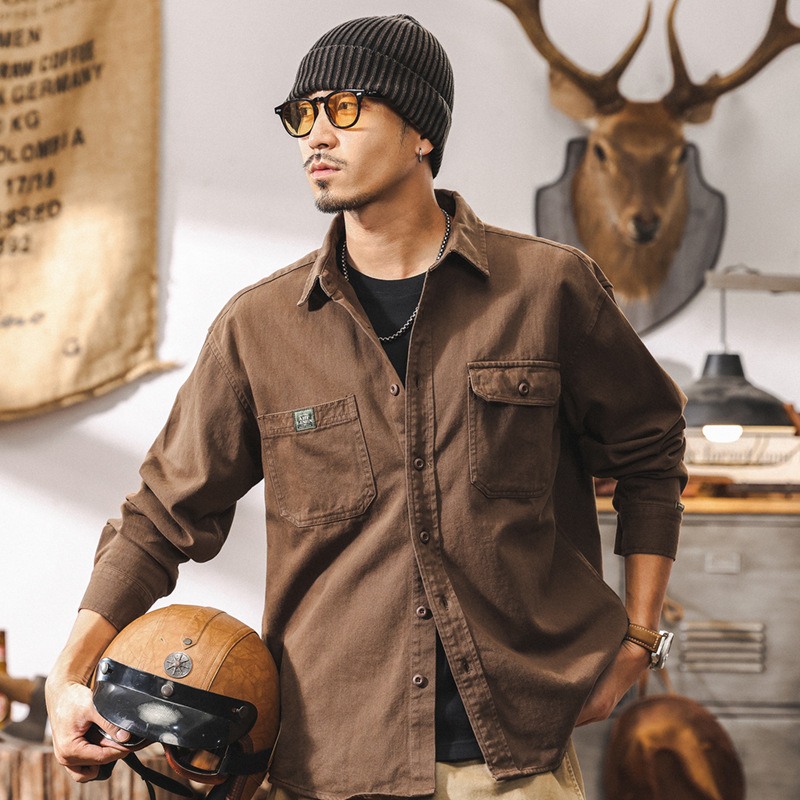 美式復古長袖襯衫男春季寬鬆休閒2025新款阿美咔嘰工裝襯衣外套男