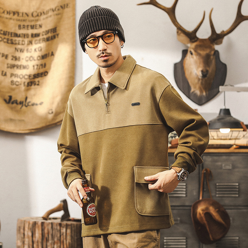 美式重磅復古秋季衛衣男潮流拼接設計感上衣半拉鍊POLO衫男秋冬款