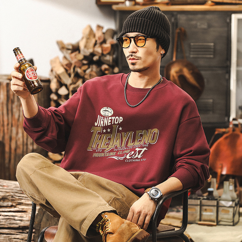 杰雷諾美式復古紅色重磅衛衣男2024新款潮流印花男士秋季寬鬆上衣