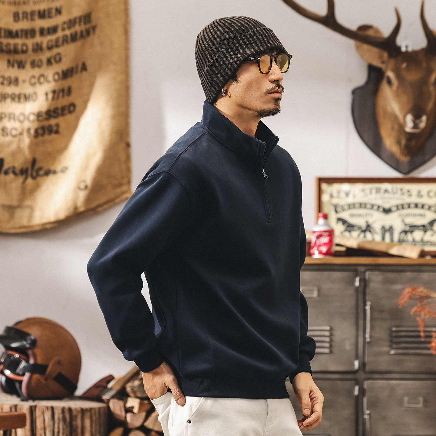 美式復古半拉鍊套頭衛衣男春秋新款立領兔兔絨潮牌寬鬆秋季上衣男