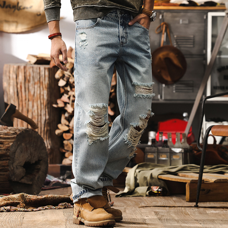 美式高街破洞水洗牛仔褲男春季復古潮牌直筒褲痞帥刮爛乞丐休閒褲