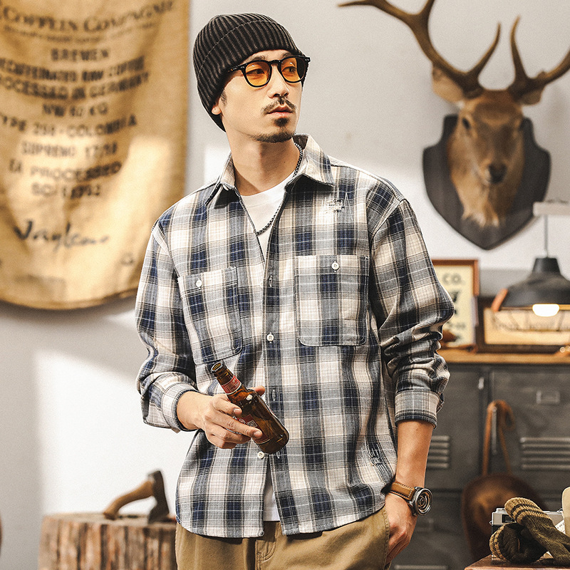 美系復古重磅工裝格子襯衫男秋季新款潮牌痞帥破洞戰損襯衣外套男