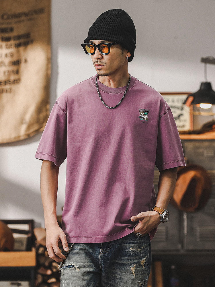 美式潮牌紫色T恤男2024新款趣味塗鴉夏季300g重磅短袖寬鬆上衣男