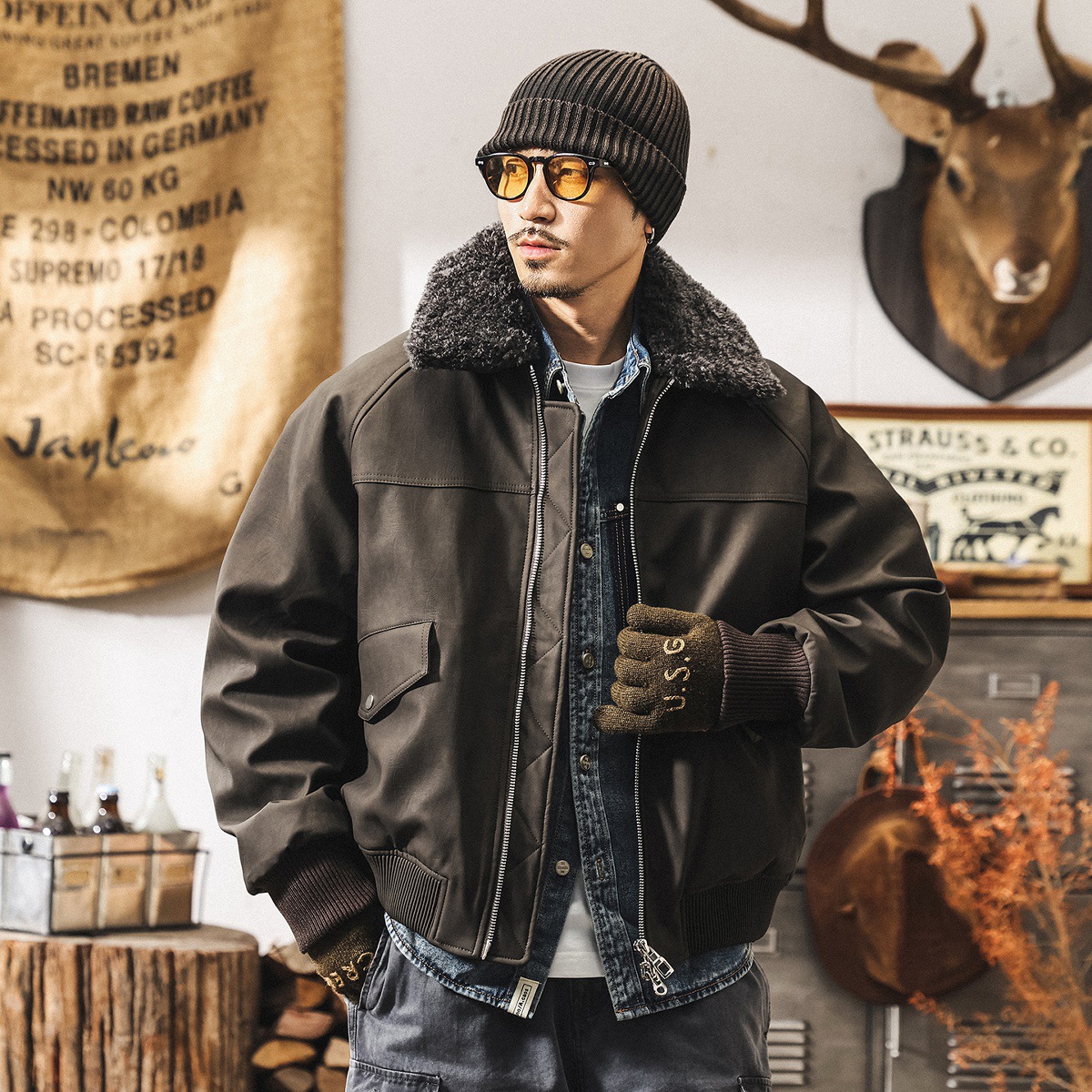 美式復古90%純白鴨絨毛絨領羽絨服男冬季潮牌機車皮衣羽絨外套男