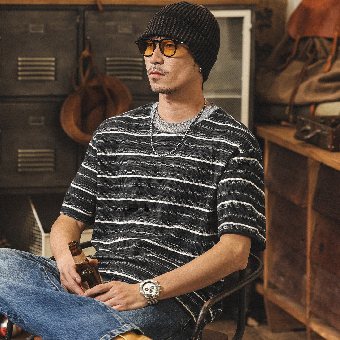 美式復古條紋針織短袖男款T恤夏季潮流新款老錢風寬鬆休閒上衣男