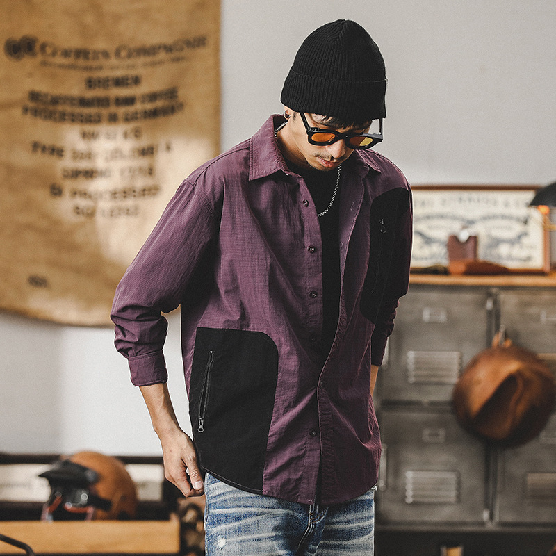 美式山系工装衬衫男长袖2024新款拉链口袋机能户外休闲衬衣男上衣