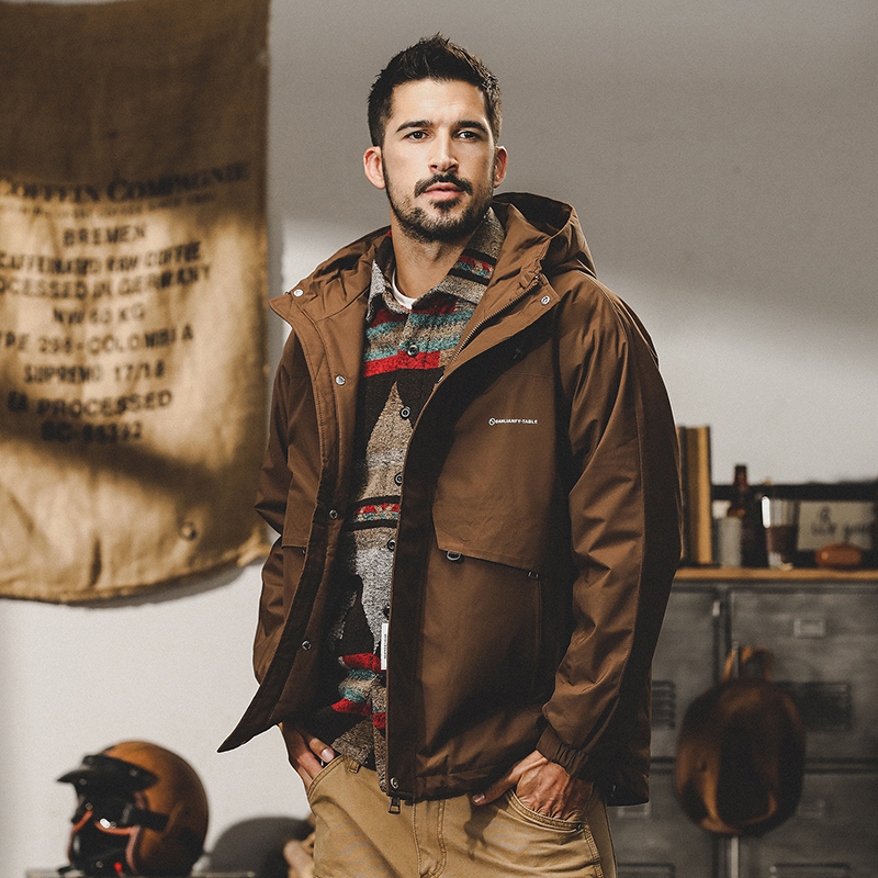 山系連帽衝鋒衣外套男秋冬款城市戶外通勤機能工裝夾克男冬季棉服