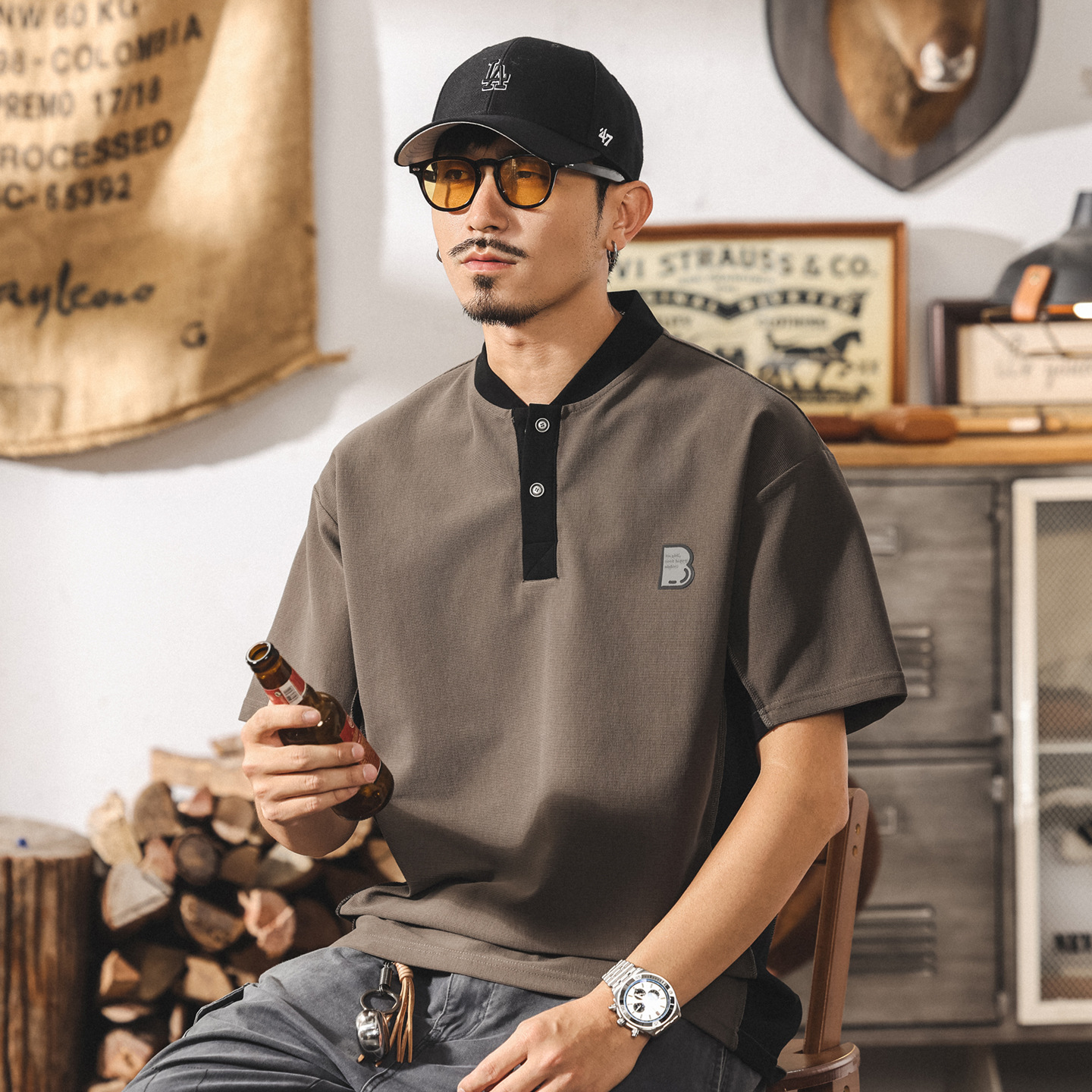 美式復古潮流撞色亨利領短袖t恤男夏季潮牌Polo衫男款寬鬆上衣潮T