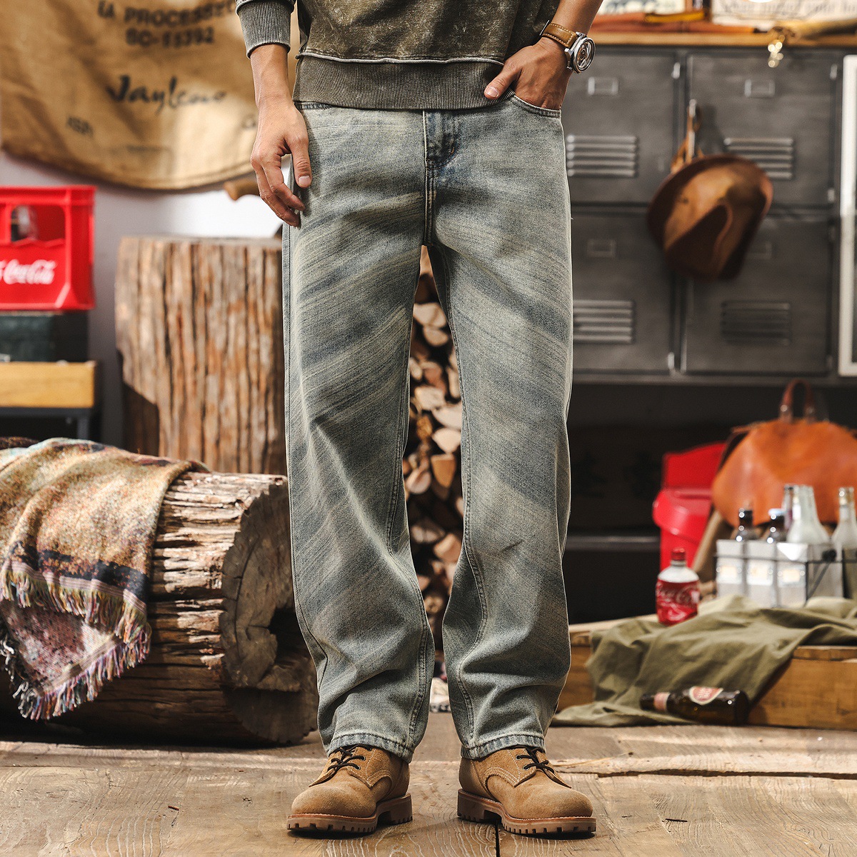 美式復古牛仔褲男直筒油刷馬騮做舊水洗高街男生休閒褲子潮牌男褲