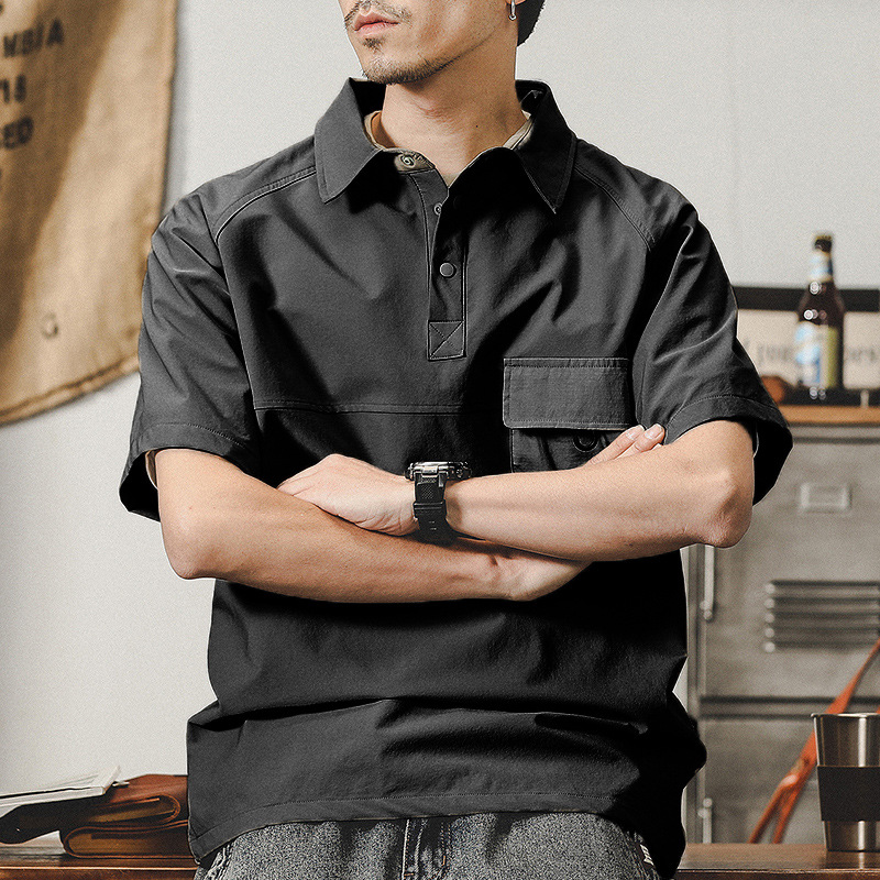 杰雷諾美式工裝復古短袖T恤男夏季高彈錦綸寬鬆襯衫領半袖POLO衫