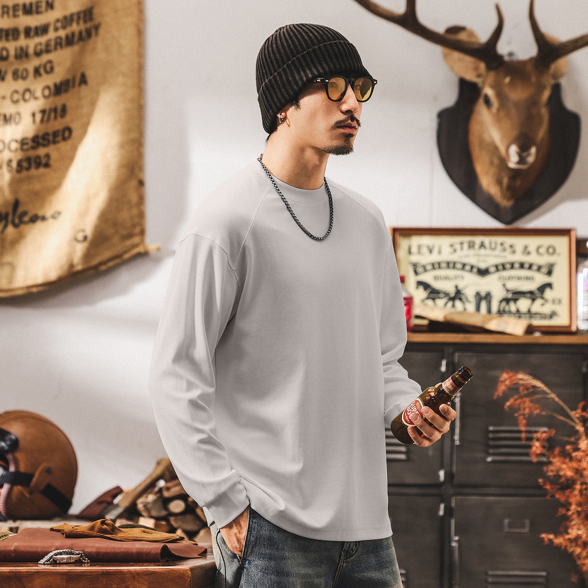 親膚軟糯莫代爾300g重磅衛衣男春秋新款寬鬆暖絨內搭T恤打底衫男