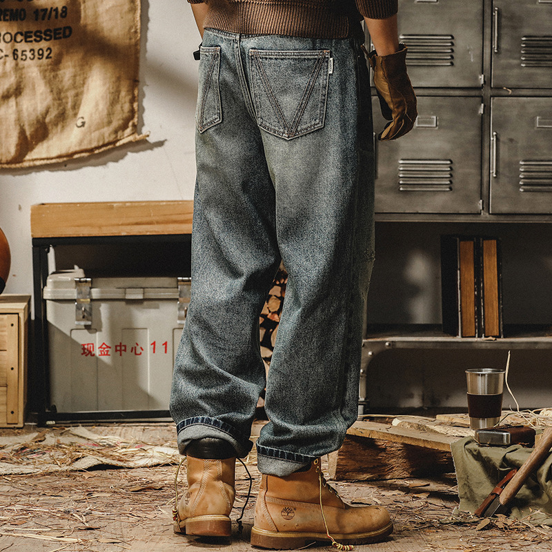美式經典復古牛仔褲男秋冬款寬鬆直筒大碼潮流重磅石磨水洗闊腿褲