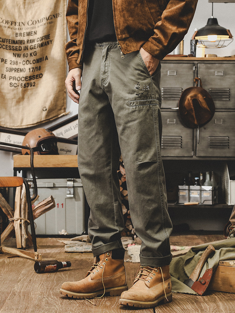 美式休閑長褲子男秋季潮牌2024新款洗褪潑墨寬松直筒工裝褲男