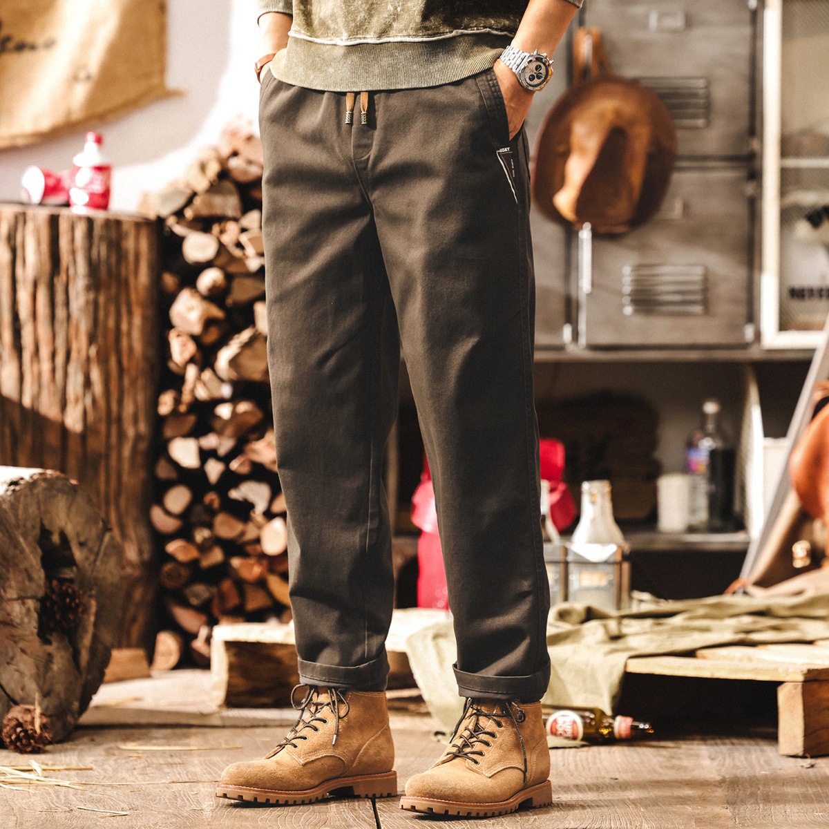 美式復古簡約男士休閒褲2025新款秋季黑色工裝褲子男寬鬆直筒長褲