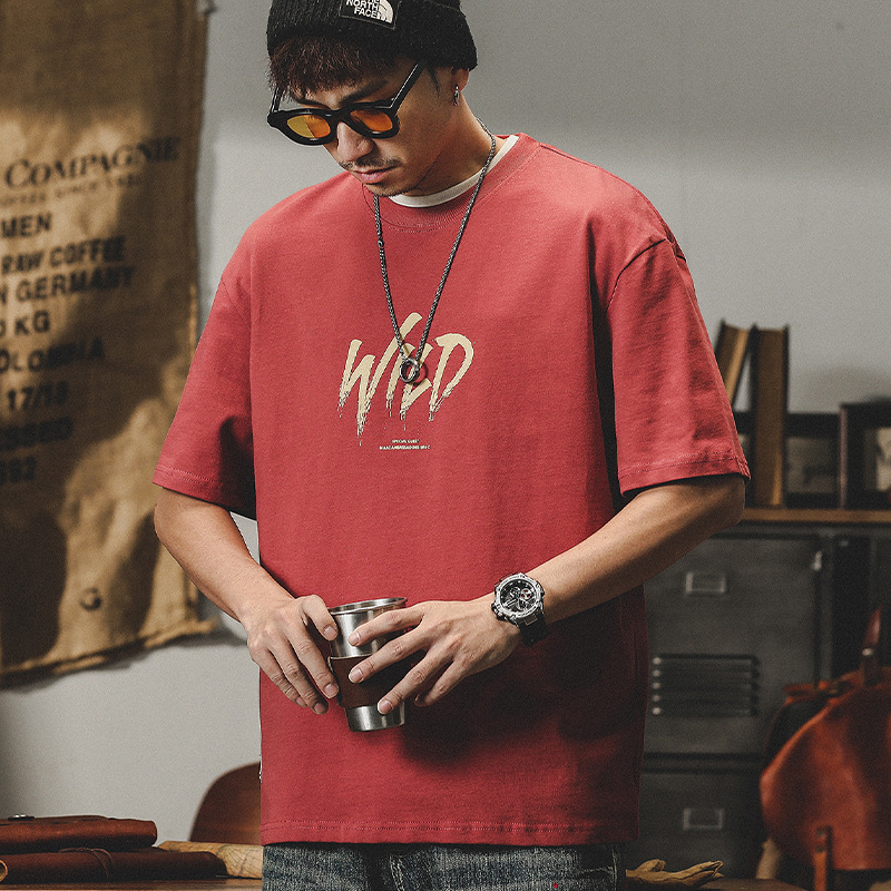 杰雷諾美式潮流紅色重磅T恤男短袖夏季潮牌塗鴉手繪印花半袖衣服