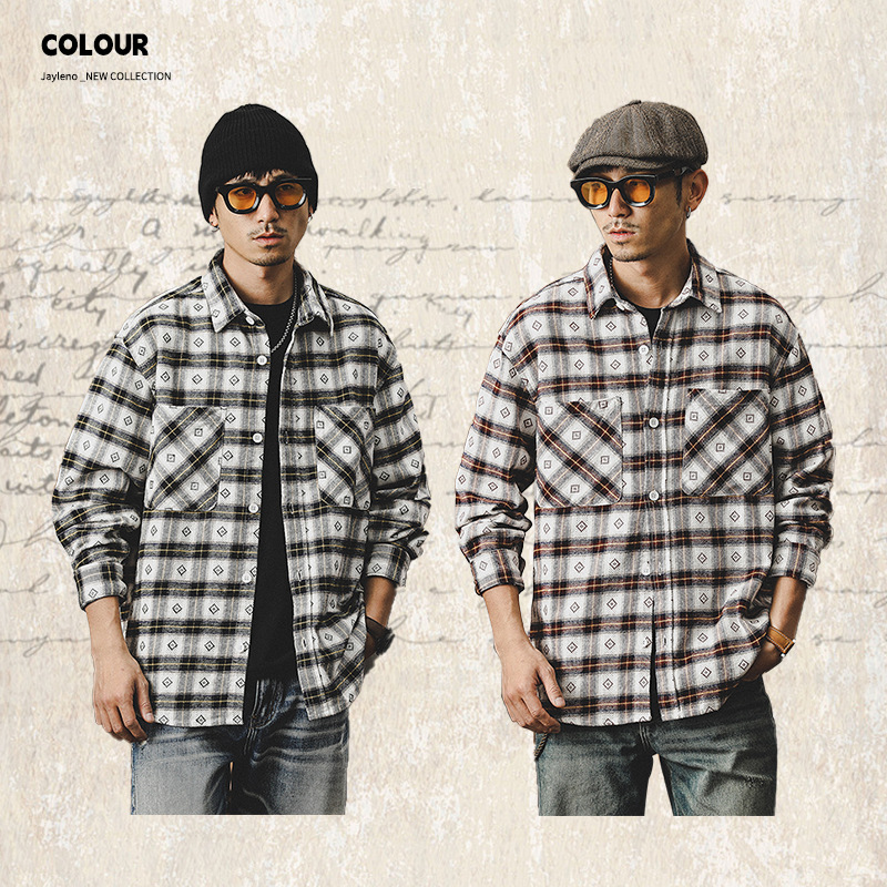 杰雷諾美式復古格子襯衫男長袖2024新款色織提花磨毛襯衣男士上衣