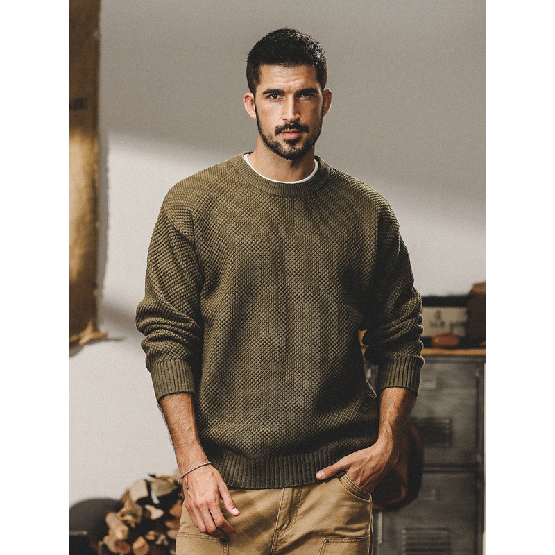 美式經典圓領毛衣男秋冬款2023新款日系復古菠蘿針提花加厚針織衫