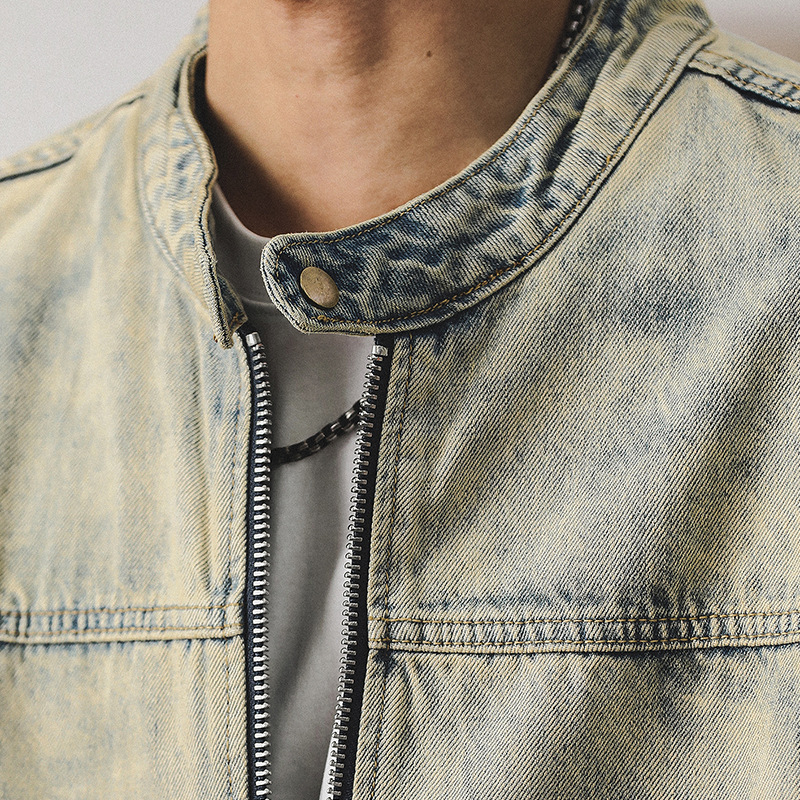 美式重磅复古立领机车夹克男春季痞帅黄泥染做旧赛络纺牛仔外套男