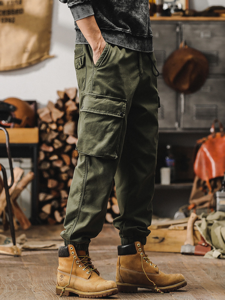 男士春季褲子潮牌2024新款軍綠色工裝褲男寬鬆直筒束腳男士休閒褲