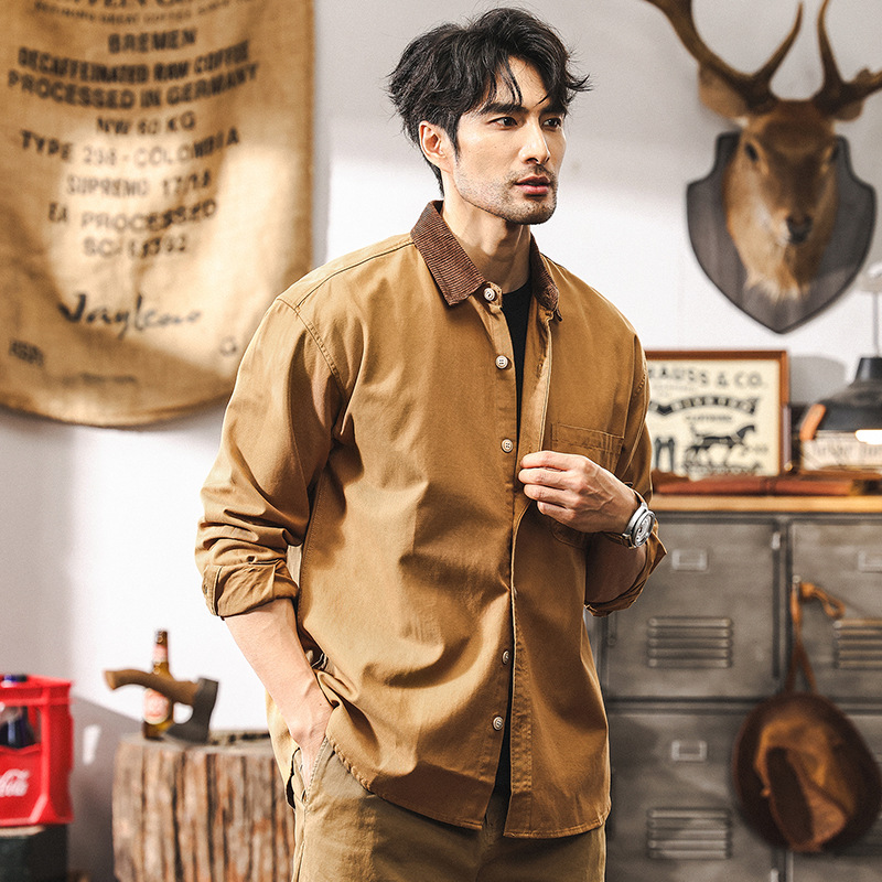 美式復古重磅高級感萊塞爾襯衫外套男抗皺垂感阿美咔嘰工裝襯衣男