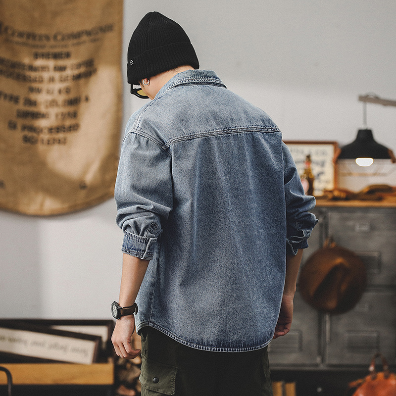 美式牛仔襯衫男長袖寬鬆潮牌經典工裝夾克男春季新款男士休閒外套